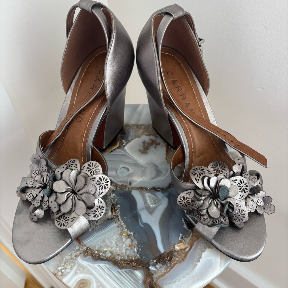 Carrano Silver Leather Floral Women's Block Heels